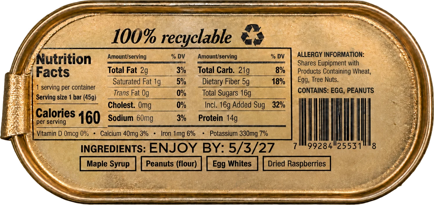 Nutrition facts, 160 calories, 14g protein, 100% recyclable