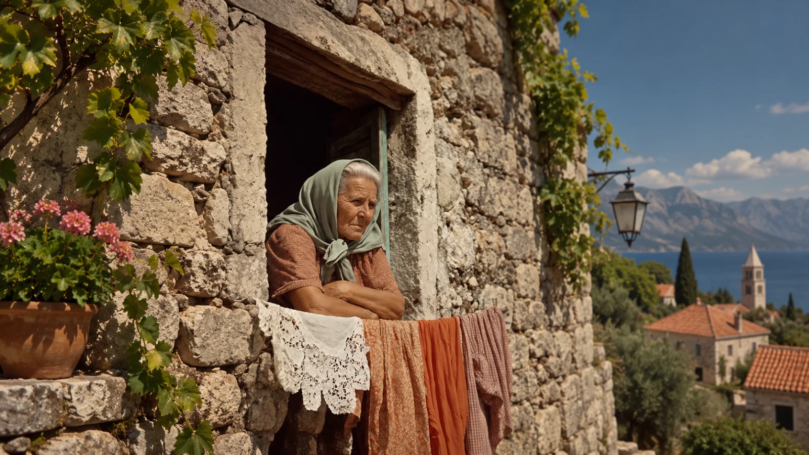 Granny leaning out her window above the drying laundry